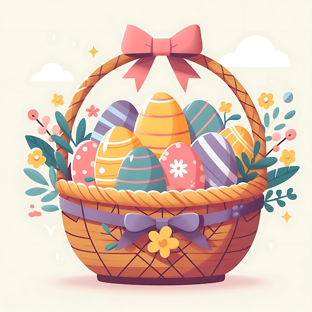 a painting of easter eggs in a basket with a ribbon tied around the top