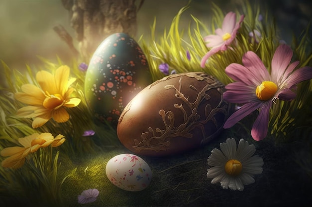 A painting of easter eggs in a field of flowers