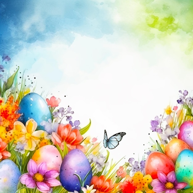 a painting of easter eggs in a garden with a butterfly on the top