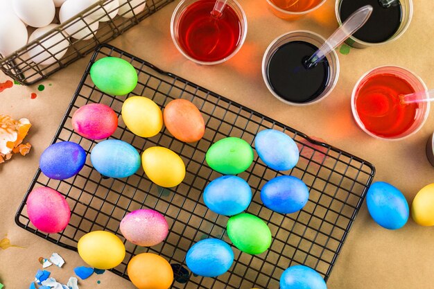 Painting Easter eggs with bright colors.