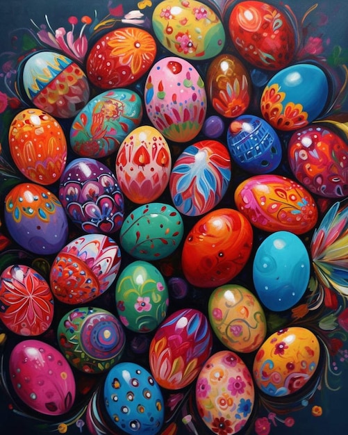 A painting of easter eggs with the words " easter " on the bottom.