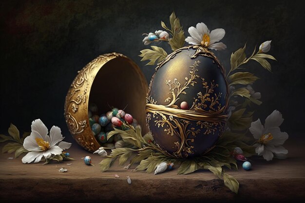 A painting of a egg with gold and silver decoration.