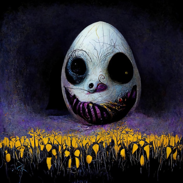 A painting of a egg with a skull on it