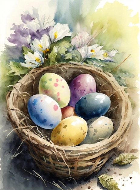 A painting of eggs in a basket with flowers in the background.