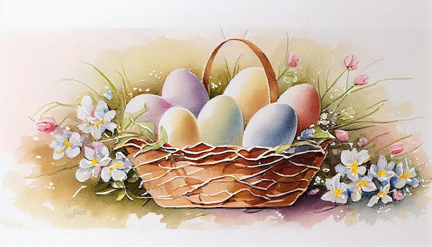 A painting of eggs in a basket with flowers.