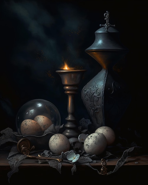 A painting of eggs and a bottle with a candle on it.