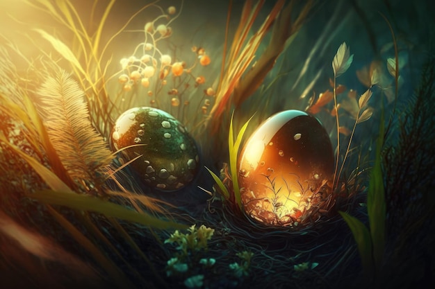 A painting of eggs in the grass with the word easter on it.