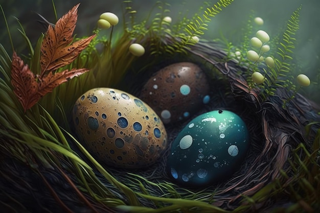 A painting of eggs in a nest with a green leaf and the words'easter'on it