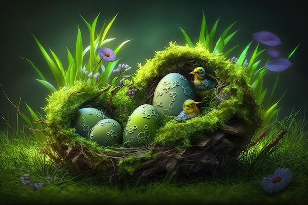 A painting of eggs in a nest with the letters g on them.