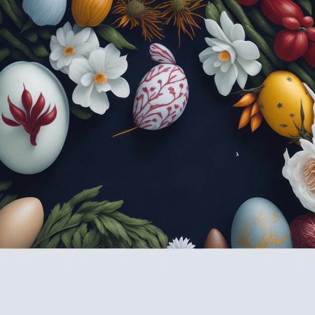 A painting of eggs with a white flower on it