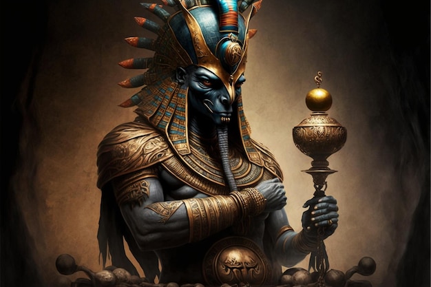 A painting of a egyptian god with a crown on his head