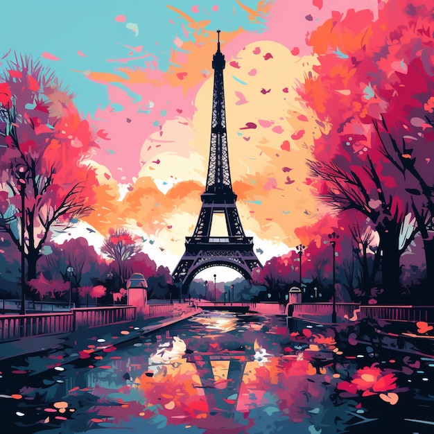 painting of the eiffel tower in paris with a reflection of the water generative ai