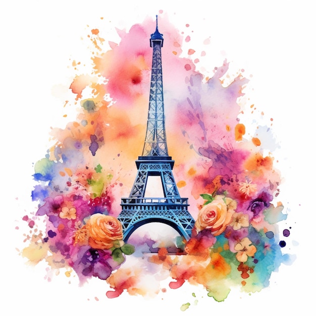 Painting of the eiffel tower with colorful flowers and watercolor splashs generative ai