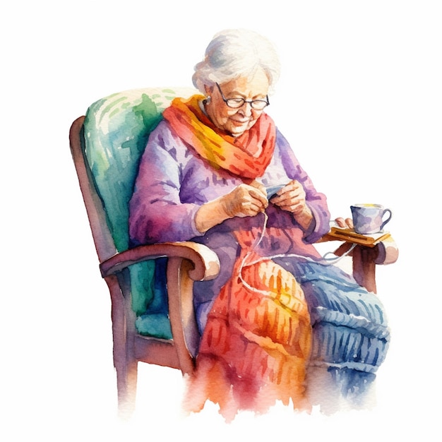 Painting of an elderly woman knitting a scarf in a chair generative ai