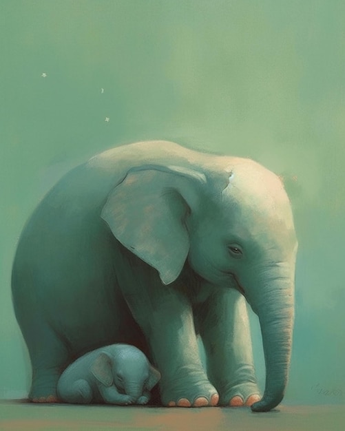 象と子象の絵。