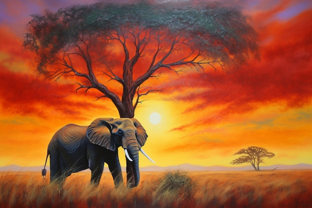 A painting of an elephant in a field with a tree in the background.