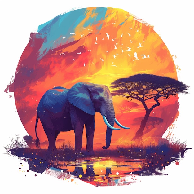 painting of an elephant in front of a sunset with a tree generative ai