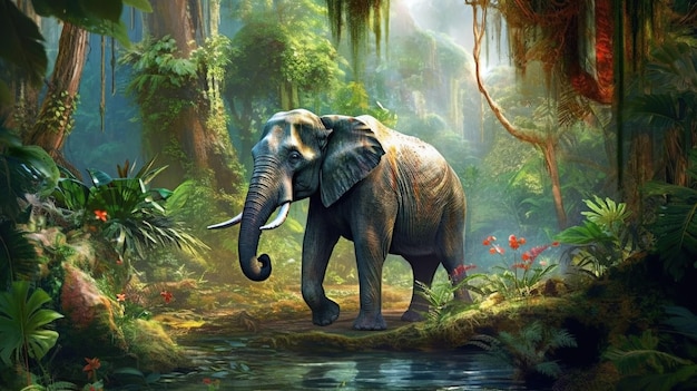 A painting of an elephant in the jungle