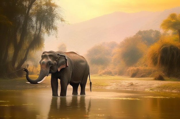 A painting of an elephant in a river