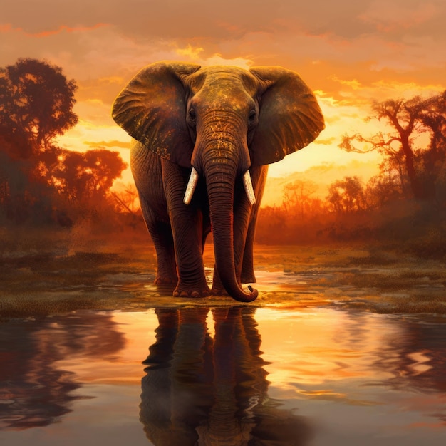 A painting of an Elephant standing in the water in a Savannah