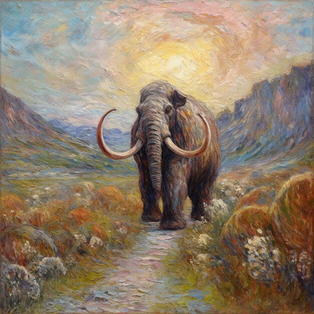 painting of an elephant walking down a path in a field generative ai