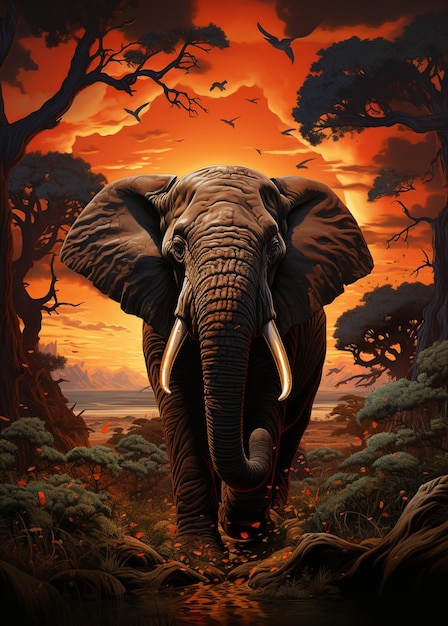 painting of an elephant walking through a forest at sunset generative ai