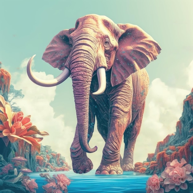 A painting of an Elephant walking through river