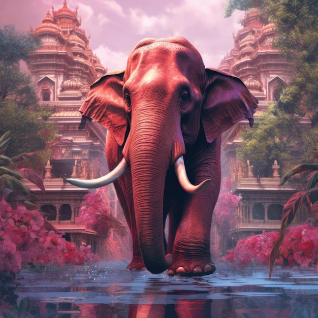 A painting of an Elephant walking in the water