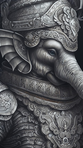 A painting of an elephant wearing a costume