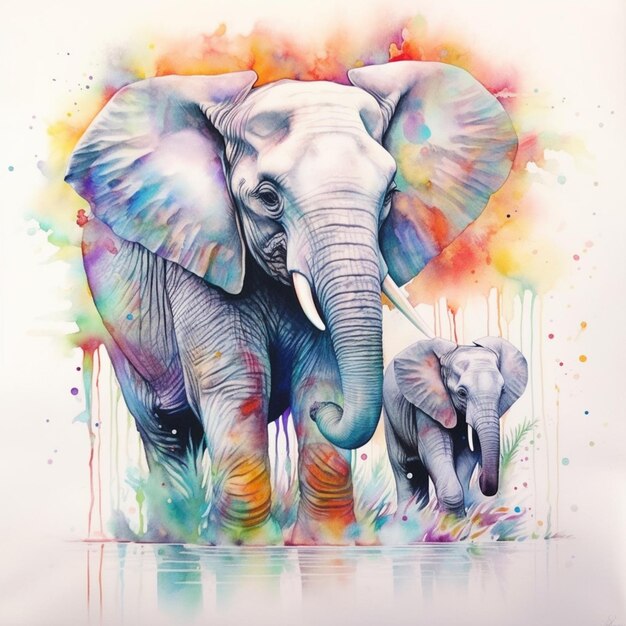 A painting of an elephant with a baby elephant on it