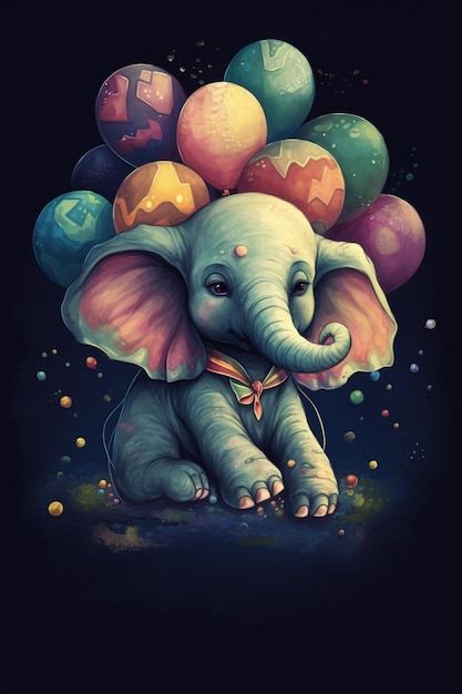 A painting of an elephant with balloons on his head