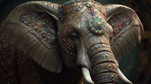 A painting of an elephant with a beaded trunk and the word elephant on it.