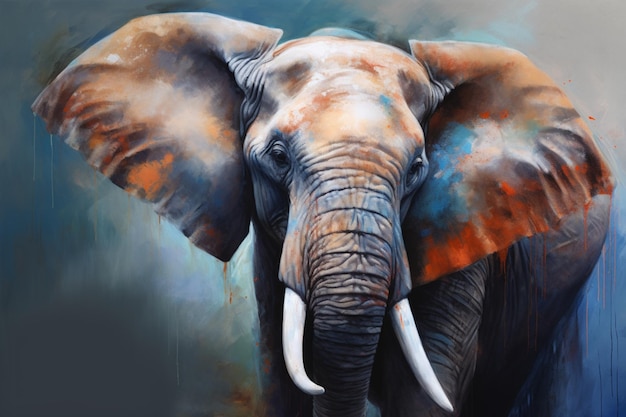 A painting of an elephant with a blue background and the word elephant on the front.