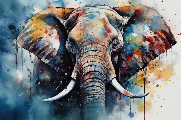 A painting of an elephant with a blue background and the word elephant on it.