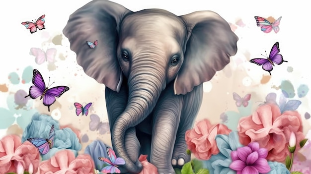A painting of an elephant with butterflies on it