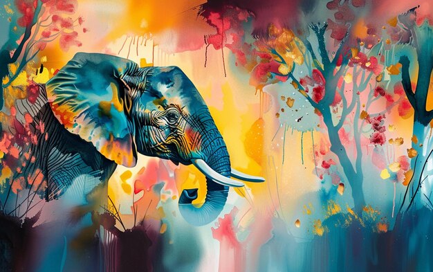 Photo painting of an elephant with a colorful background and trees generative ai