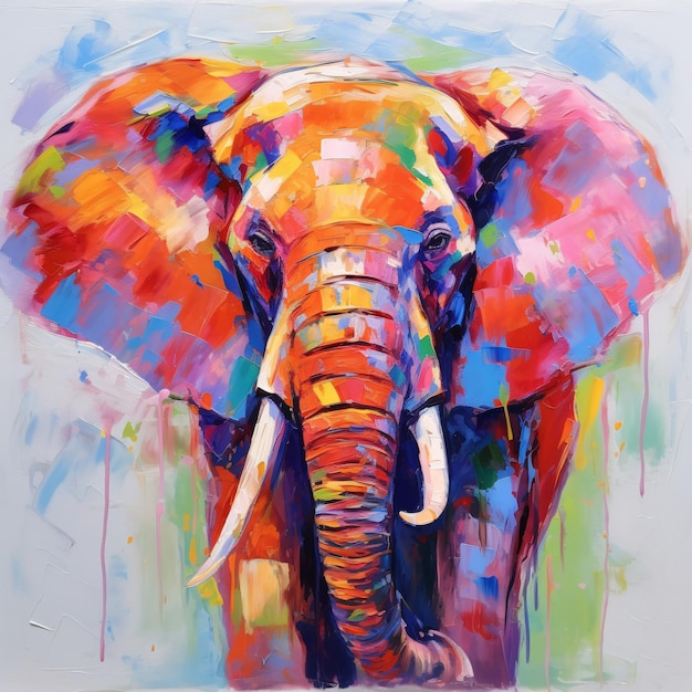 A painting of an elephant with a colorful face and tusks.