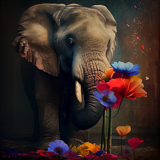 A painting of a elephant with a colorful flower on it