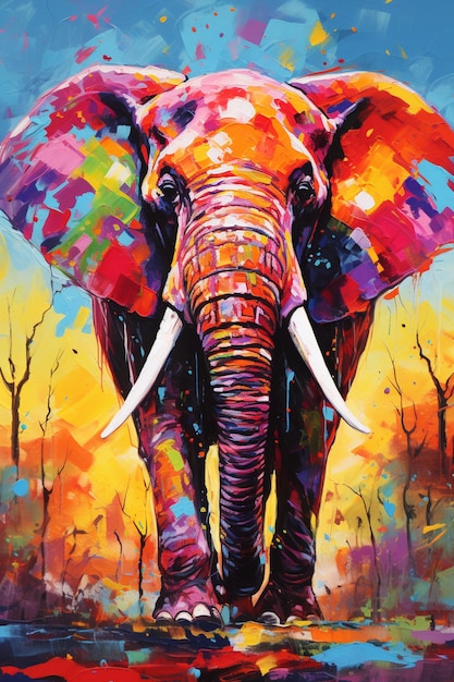 Картина слона с красочными клыками, идущего по полю.