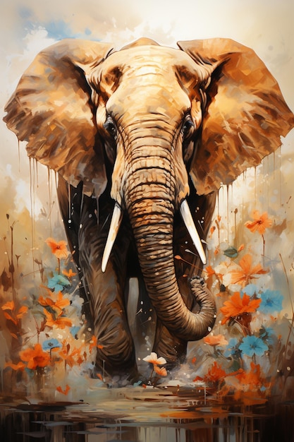 painting of an elephant with tusks and tusks walking in water generative ai