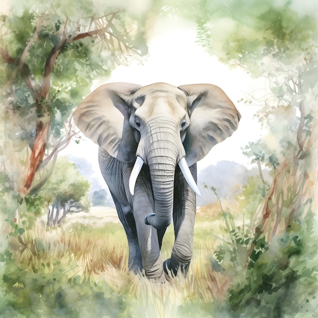 A painting of an elephant with white tusks and a green background.