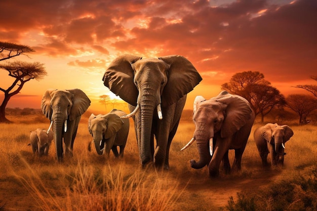 Photo a painting of elephants in a field with a sunset in the background