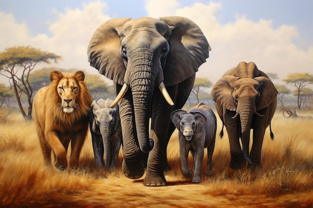 Photo a painting of elephants and lions with one of them has a picture of a lion on it