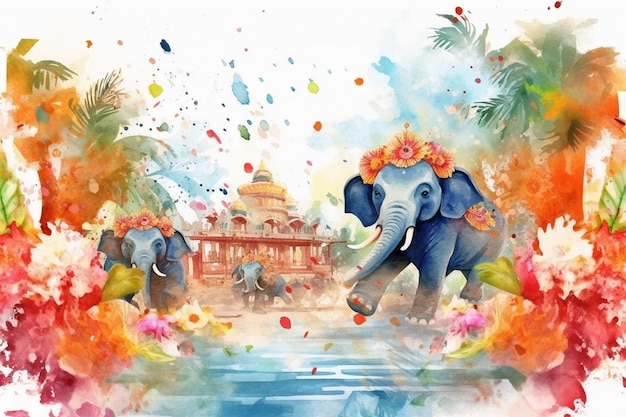 A painting of elephants with flowers and leaves on them
