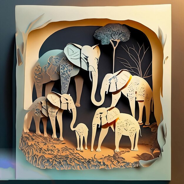 A painting of elephants with a painting of a forest scene.