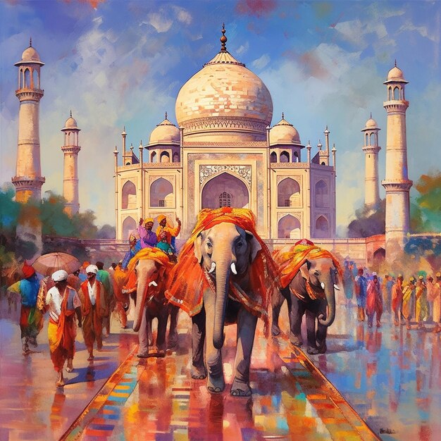 Painting of elephants with people walking in front of a building generative ai