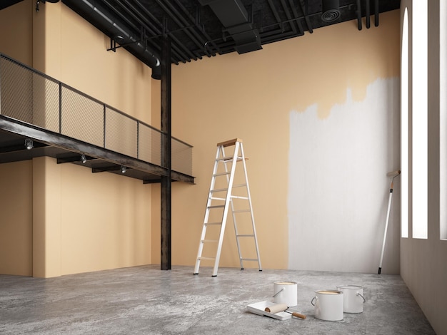 Покраска пустой стены комнаты в коричневый цвет Концепция ремонта дома