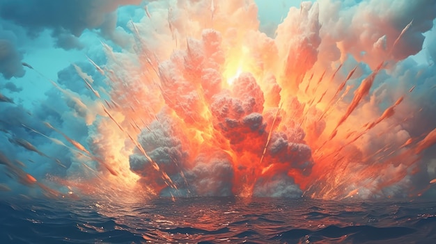 A painting of a explosion with the word fire on it