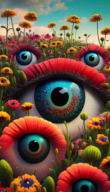 A painting of an eye surrounded by flowers