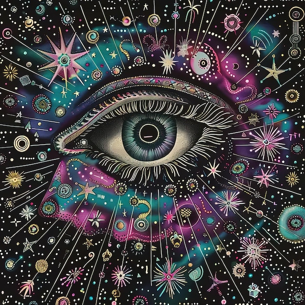 A painting of an eye surrounded by stars